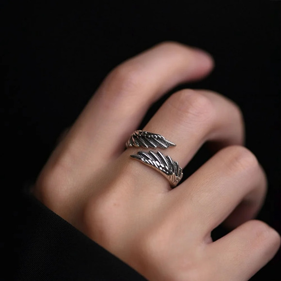 NEW Carved Unisex 925 Sterling Silver Adjustable Angel Wing Ring - Picture 11 of 15